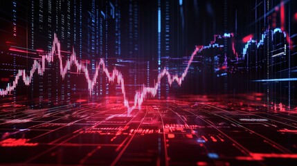 Digital stock market visualization with red and blue data graphs, displaying financial trends and market fluctuations.