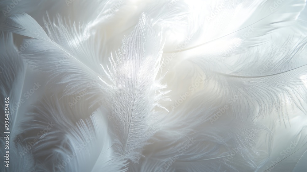 Poster close up of soft white feathers forming a light and delicate texture ideal for subtle backgrounds