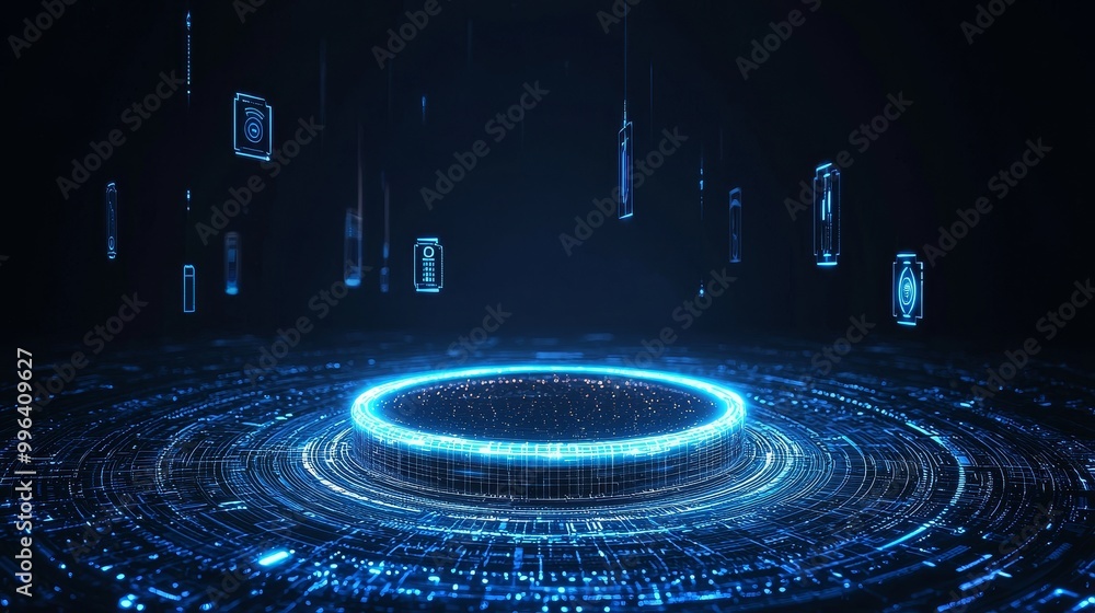Poster an abstract blue background with a digital particle ring circle rotating and a cryptocurrency financ