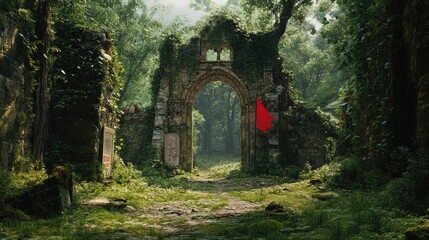 Fototapeta premium ancient arch in the middle of the picture. There was a sign on it with unreadable letters. Deep in the forest there is an old castle. What you can see is a small red flag on the archway.