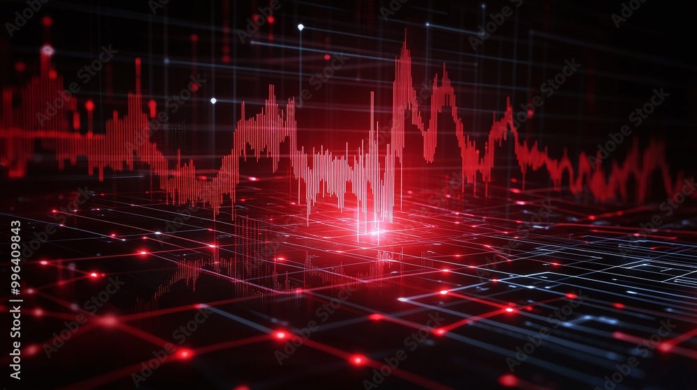 Poster digital waveforms and data visualization in red tones, representing technology and innovation in a m