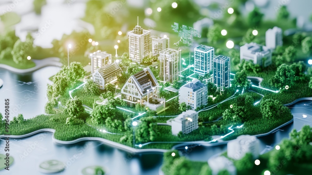 Poster artificial intelligence enhancing digitalization in urban development, streamlining paperwork, optim