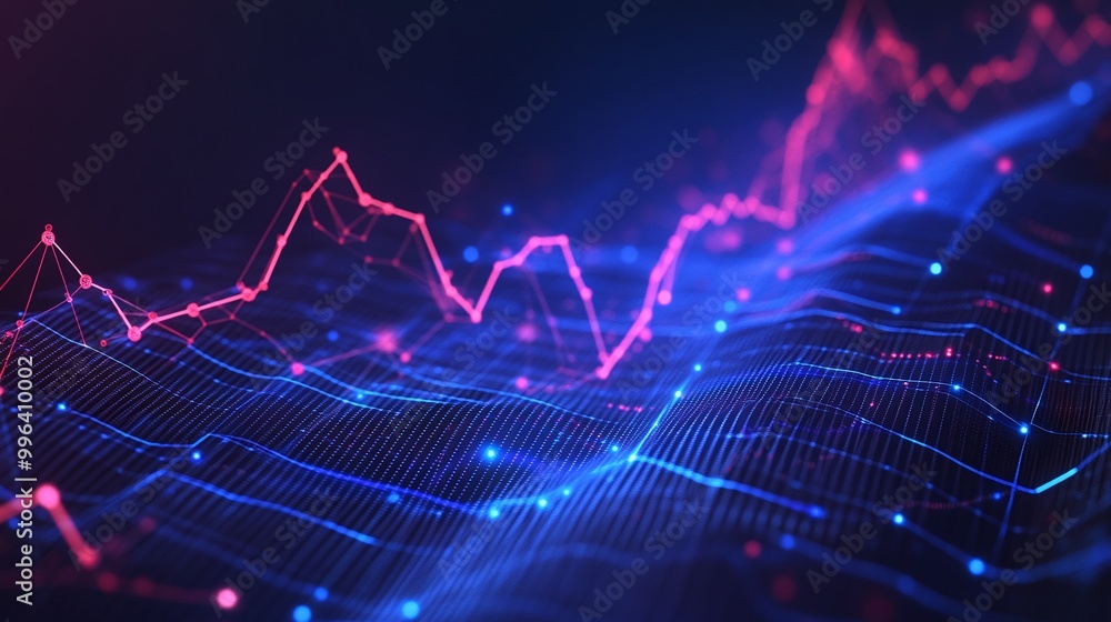 Poster dynamic abstract data visualization with glowing lines and dots representing statistics and analytic