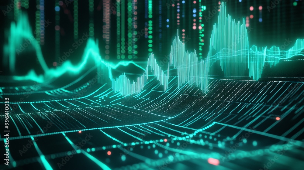 Poster digital waveforms in vibrant green with data visualizations representing technology and analytics.