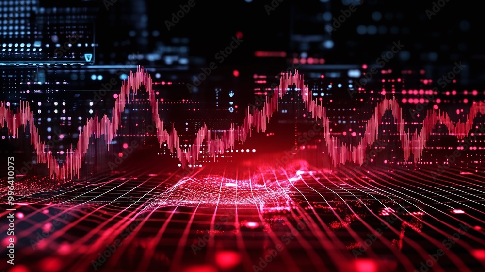 Poster dynamic abstract data visualization with red and blue lines representing fluctuating statistics on a