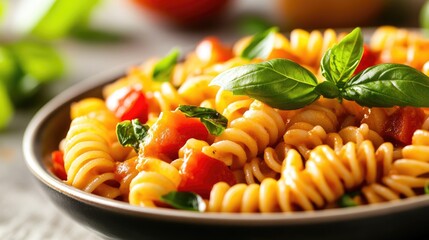 A serving of spiraled fusilli pasta drizzled with a colorful tomato sauce and topped with fresh basil leaves perfect for enjoyment
