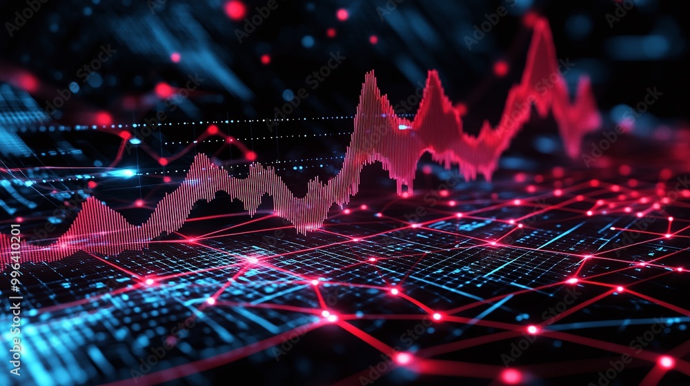 Poster dynamic abstract data visualization with vibrant red and blue lines representing financial trends in