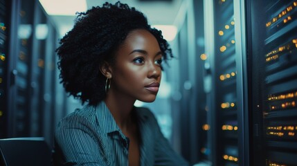 Focused American Woman in a Server Room