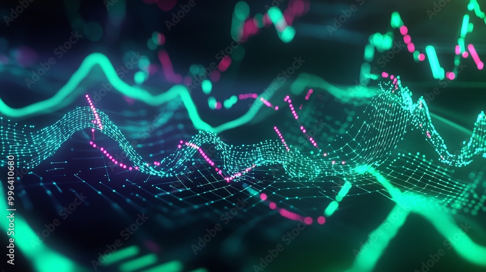 Poster dynamic abstract digital wave patterns in vibrant colors reflecting data analysis and technology.