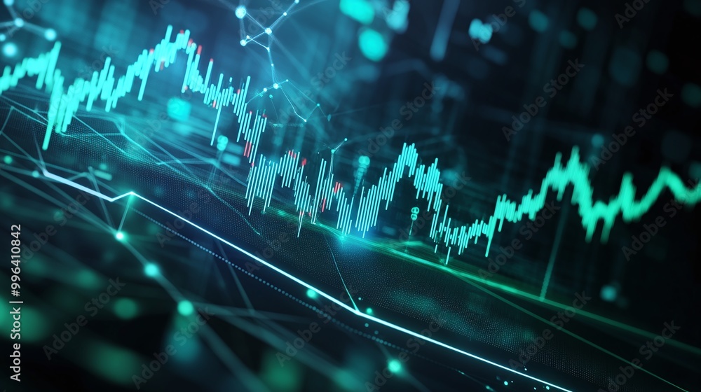Poster dynamic abstract graphic showing fluctuating data trends on a digital interface with vibrant blue to