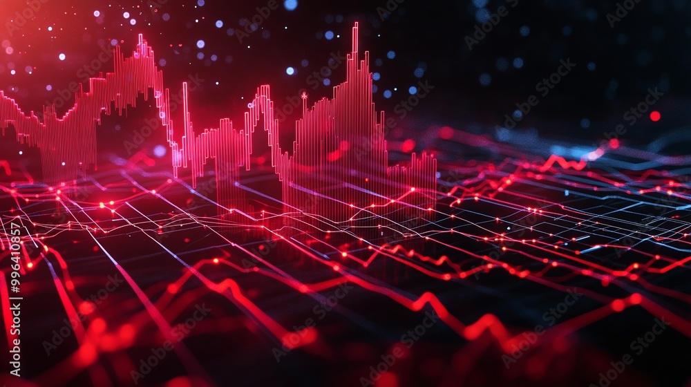 Poster dynamic abstract graph visualization with red data points and lines representing financial market tr
