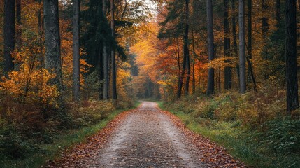 Obraz premium A panoramic shot of an empty forest path leading into the trees, with vibrant foliage on either side and a sense of peace.