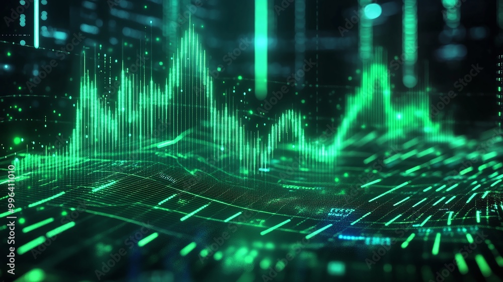 Poster dynamic abstract representation of financial data, featuring glowing green graphs on a dark backgrou