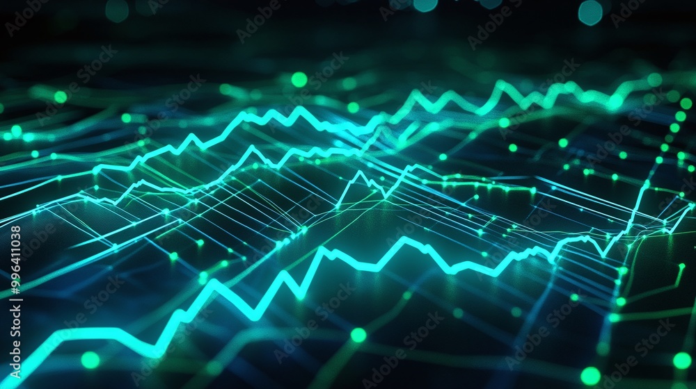 Poster dynamic abstract lines and waves in blue and green, representing data flow and digital trends.