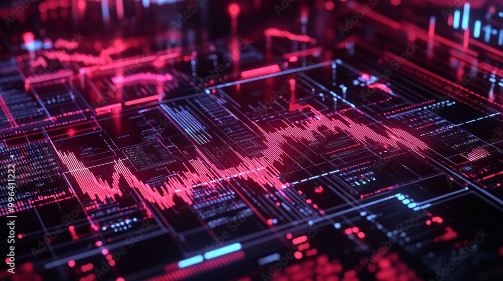 Poster dynamic abstract visualization of digital data waveform in red and black tones, ideal for tech-relat