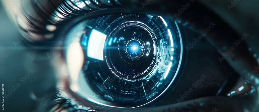 Poster bionic eye concept with powerful zoom and precise vision for futuristic technology