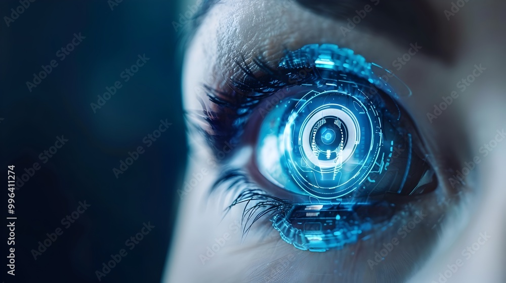Poster futuristic bionic eye with facial recognition and instant information identification