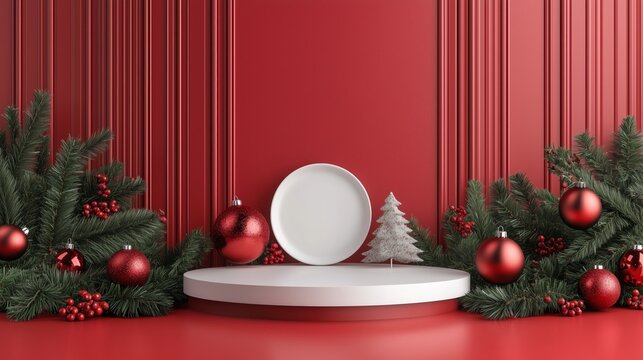 3d render, podium with christmas decoration and red background, green color theme