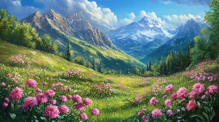 Tranquil Mountain Scene Featuring Colorful Pink Blooms in a Lush Meadow