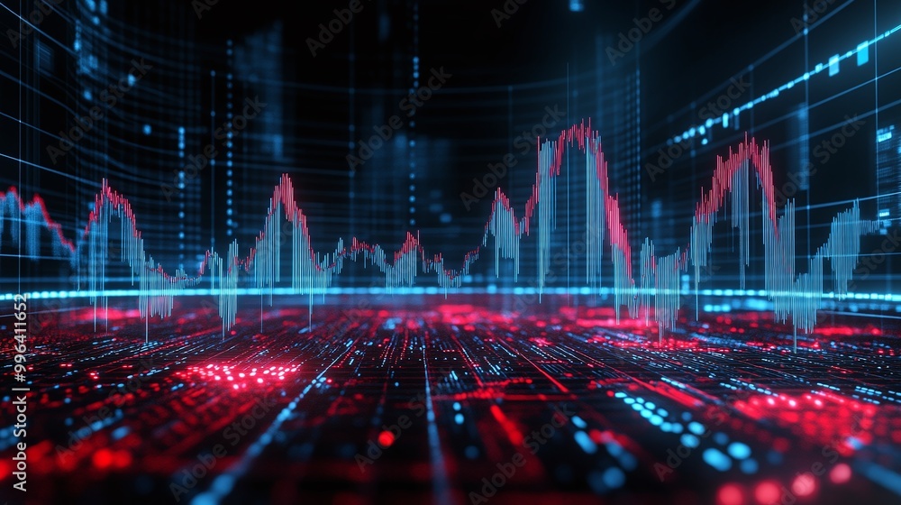 Poster dynamic data visualization with colorful graphs and charts on a digital interface, representing anal