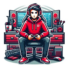 Illustration of a boy gaming on a laptop computer internet logo icon