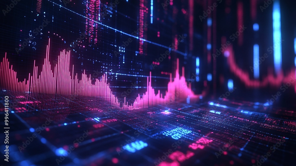 Poster dynamic data visualization with colorful graphs and statistics against a dark background.