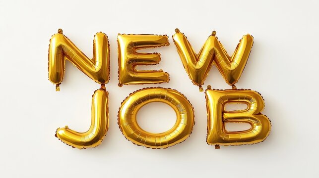 Inflatable balloon letters spelling NEW JOB isolated on a white background Gold foil balloons symbolize celebration career transitions and new aspirations