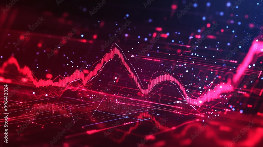 Poster dynamic data visualization with glowing red and blue lines representing analytics and trends. perfec