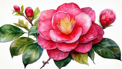 Beautiful pink camellia flower with green leaves, white isolate background, white isolated background.