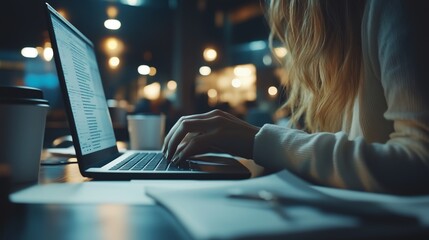 A businesswoman typing on her laptop, with documents and coffee cups beside it