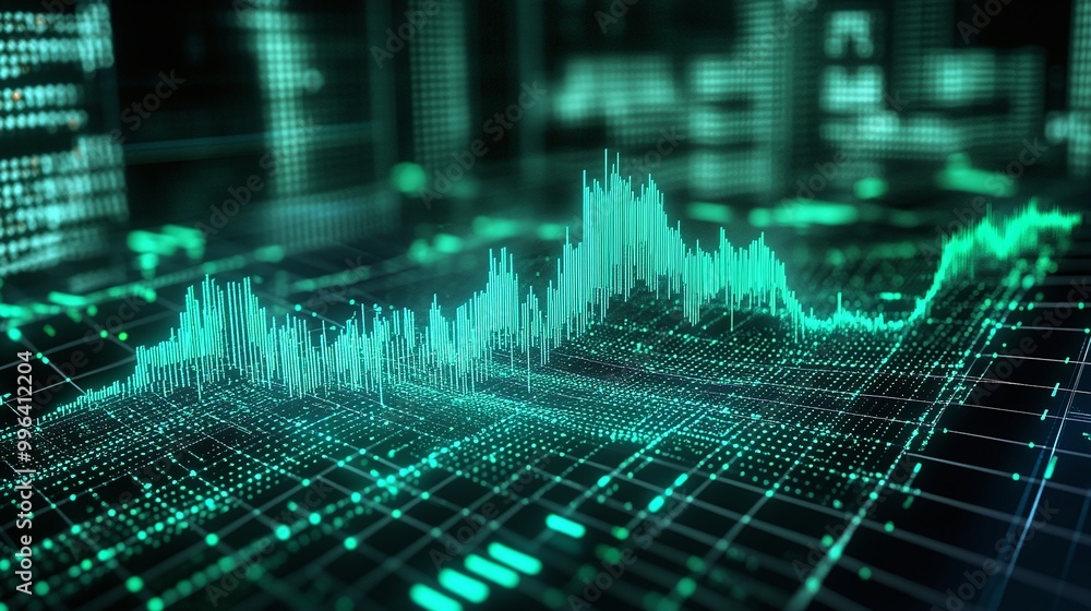 Poster dynamic data visualization with green graphs and digital elements on a dark background, representing