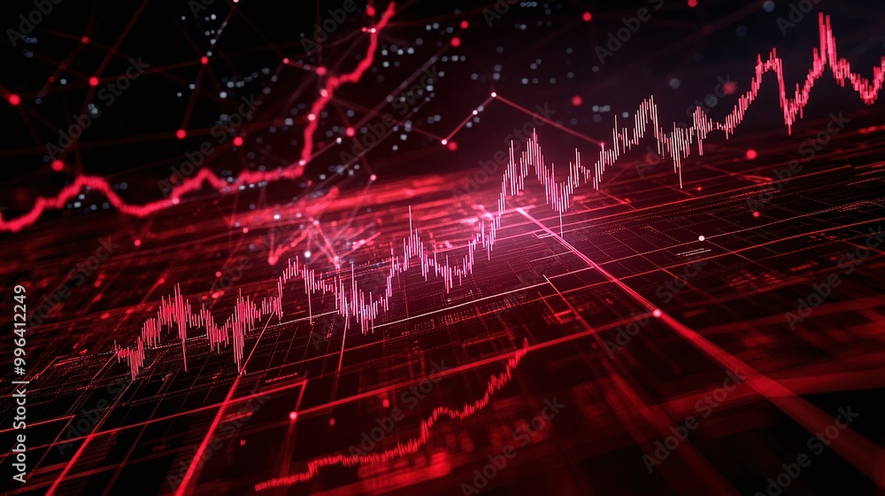 Poster dynamic data visualization with red graphs and digital elements representing financial market trends