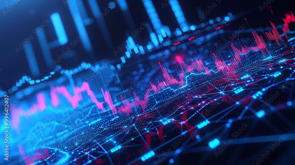 Poster dynamic data visualization with vibrant blue and pink lines illustrating fluctuating statistics on a