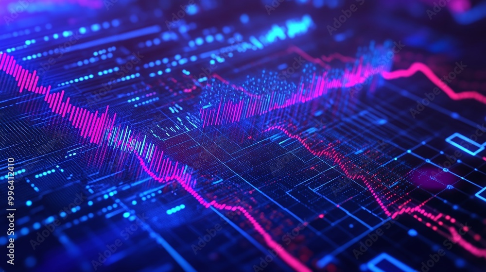Poster dynamic data visualization with vibrant colors showcasing statistical trends on a digital graph.