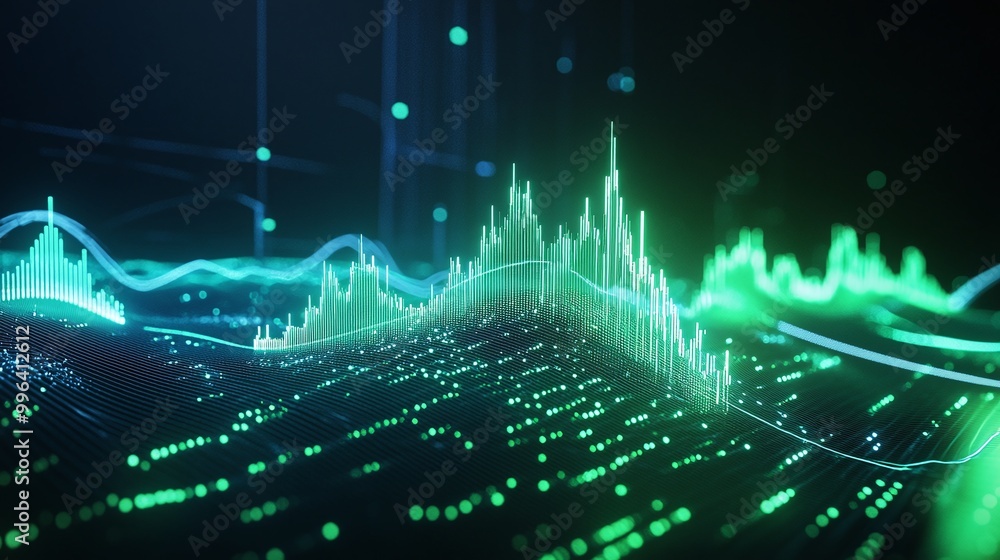 Poster dynamic data visualization with vibrant green and blue waveforms representing audio frequencies and 