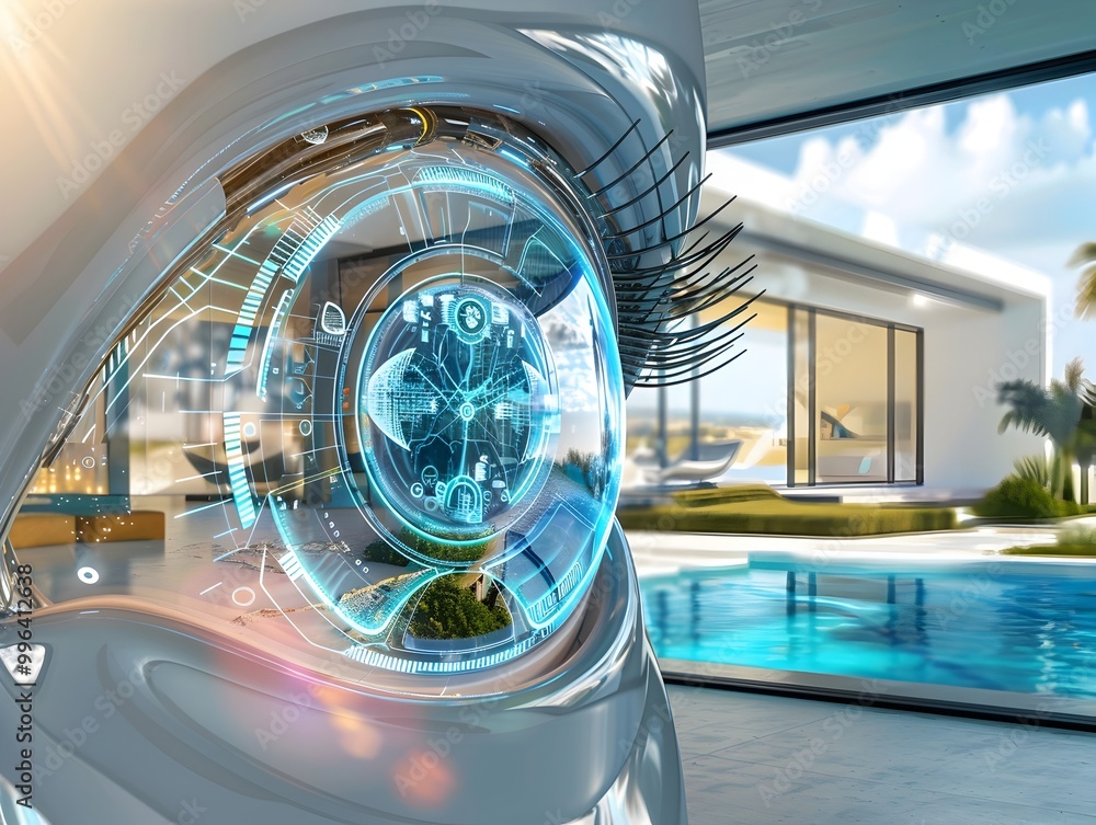 Poster futuristic bionic eye integrated with smart home automation and security monitoring systems
