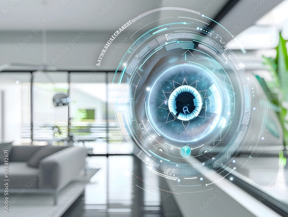 Poster futuristic bionic eye integrated with smart home systems controlling devices and monitoring home sec