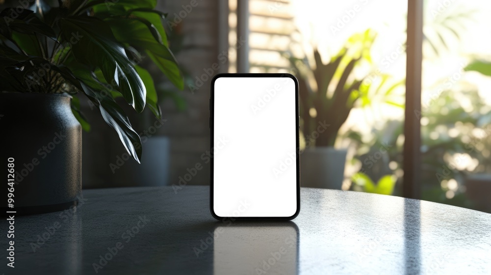 Poster smartphone resting on a table with a blank white screen