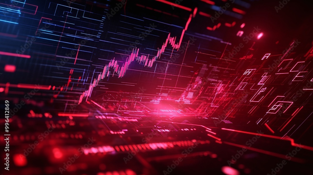 Poster dynamic digital background featuring a vibrant red and blue graphical data display.