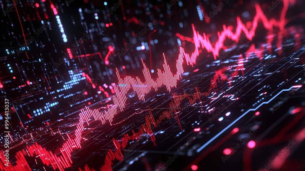 Poster dynamic digital background with red data visualization and graph lines representing market trends an