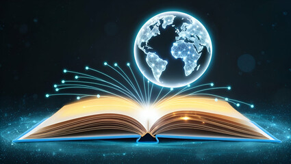 Opened book with globe digital art abstract blue background/ global knowledge, education, E-learning, international literacy day concept art