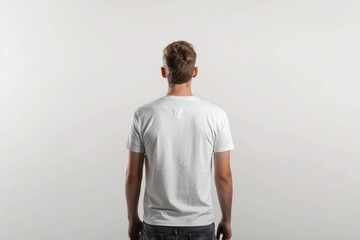 A man stands with his back to the camera wearing a white t-shirt
