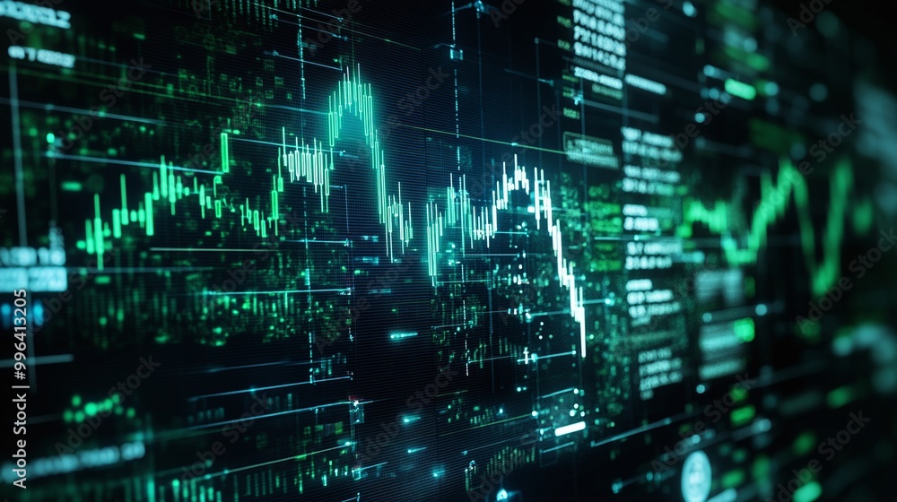 Poster dynamic digital dashboard showcasing data analysis with green graph trends against a dark background