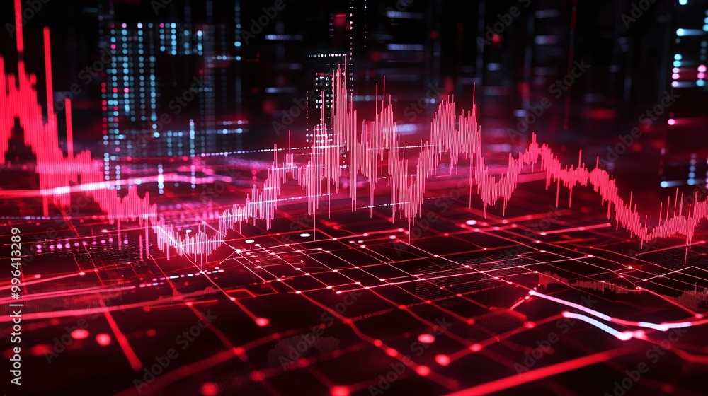 Poster dynamic digital data visualization in red tones, showcasing vibrant trends and fluctuations on a fut