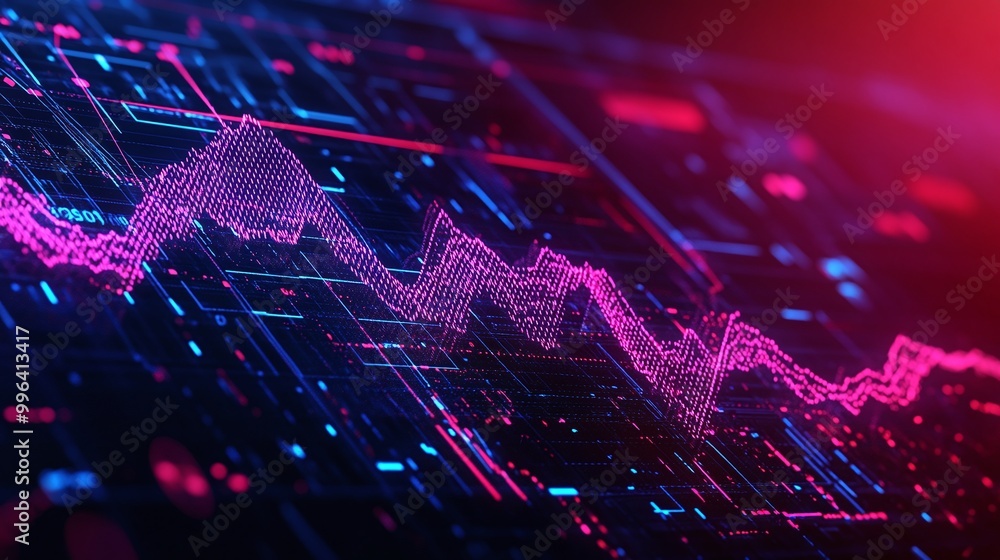 Poster dynamic digital data visualization with abstract graph in vivid colors, illustrating financial trend