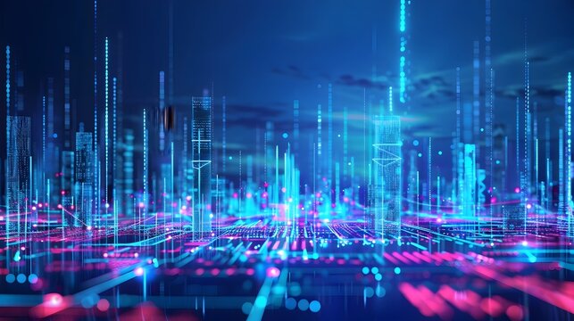 Futuristic Cityscape Powered by Smart Grid with Holographic Data Displays Showing Real Time Energy Distribution