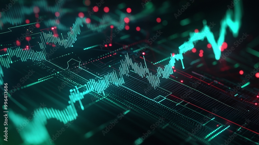 Poster dynamic digital data visualization with green and red graphs, representing financial trends and anal