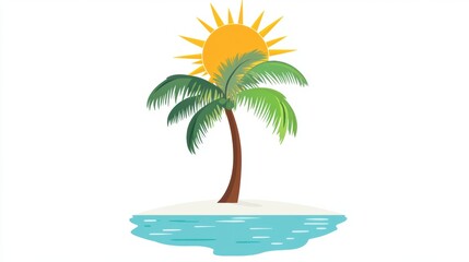 Flat Vector illustration of coconut tree with leaf and sun