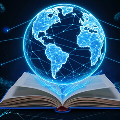 abstract book with the Earth planet Modern 3D graphic design/ Futuristic global education with open book and globe map on blue background