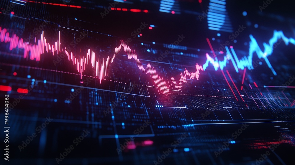 Poster dynamic digital data visualization with vibrant waveforms and signals in blue and pink tones, repres